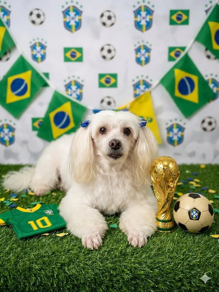 Cinha, uma cachorrinha branca, posando com decoração da seleção brasileira, uma taça e uma camisa 10